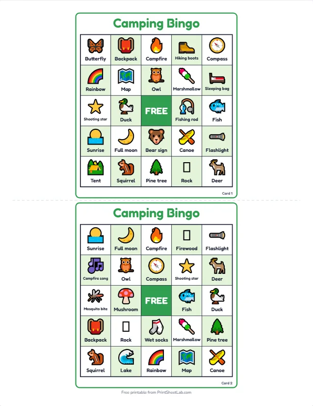 Two different camping bingo cards with tent, campfire, owl and marshmallow squares and a free center