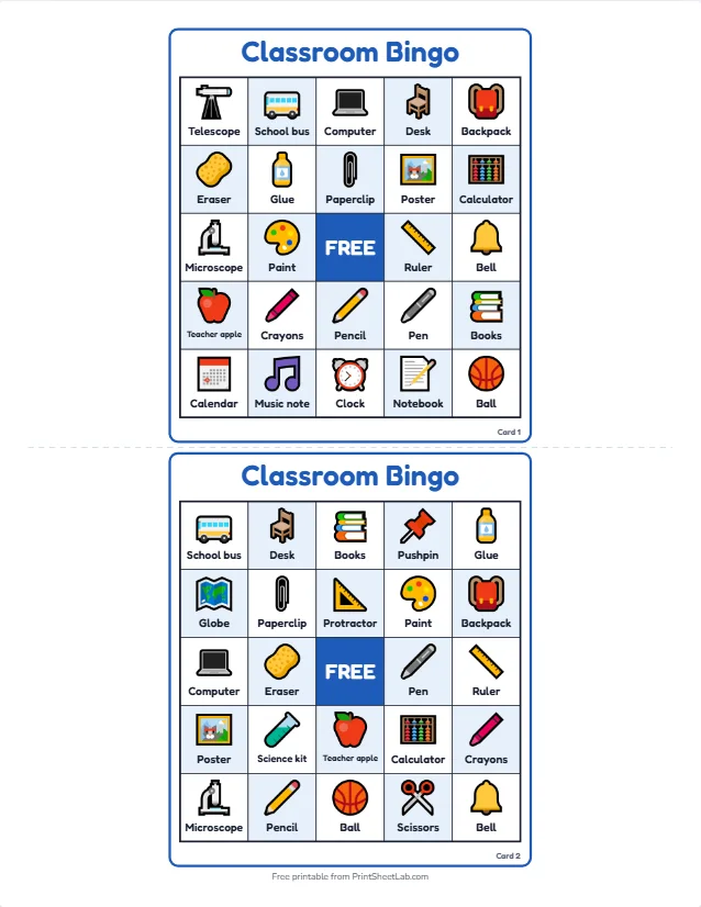 Classroom bingo card for kids with school object pictures