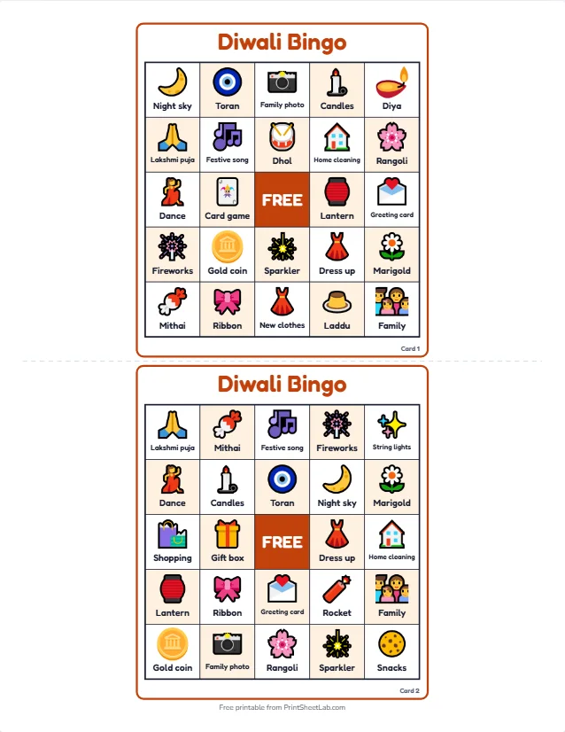 Two different Diwali bingo cards with diya, rangoli, mithai, sparkler and lantern squares and a free center