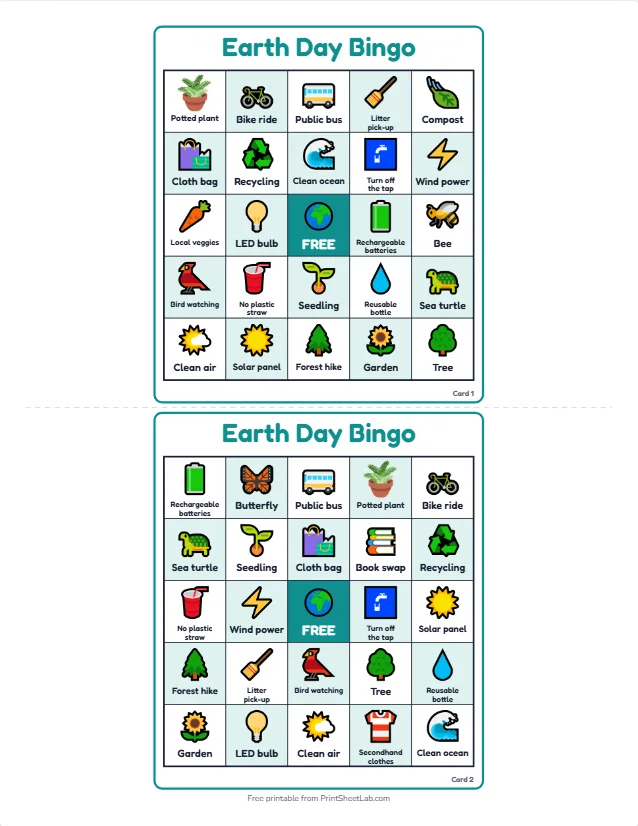 Two different Earth Day bingo cards with seedling, solar panel, cloth bag, bee and sea turtle squares and a globe as the free center
