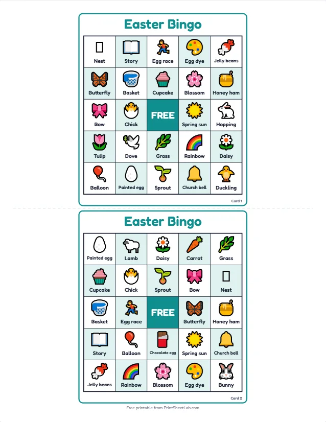 Two different Easter bingo cards with chick, bunny, painted egg, basket and tulip squares and a free center