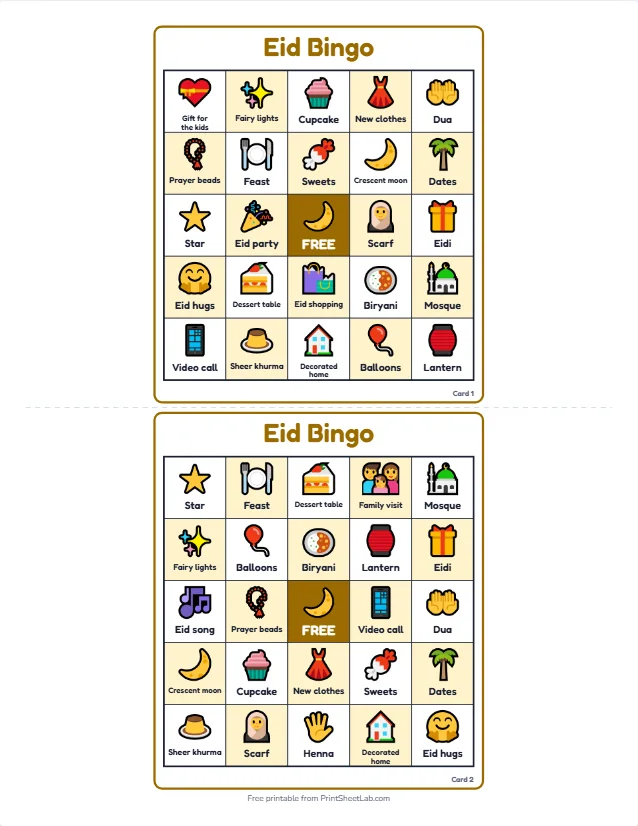 Two different Eid bingo cards with crescent moon, lantern, mosque, sheer khurma and henna squares and a crescent moon as the free center