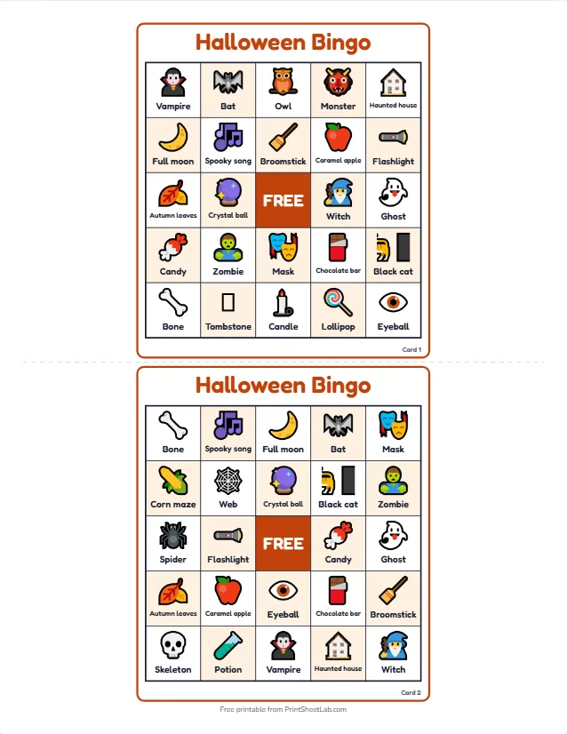Two different Halloween bingo cards with vampire, bat, owl, ghost and candy squares and a free center
