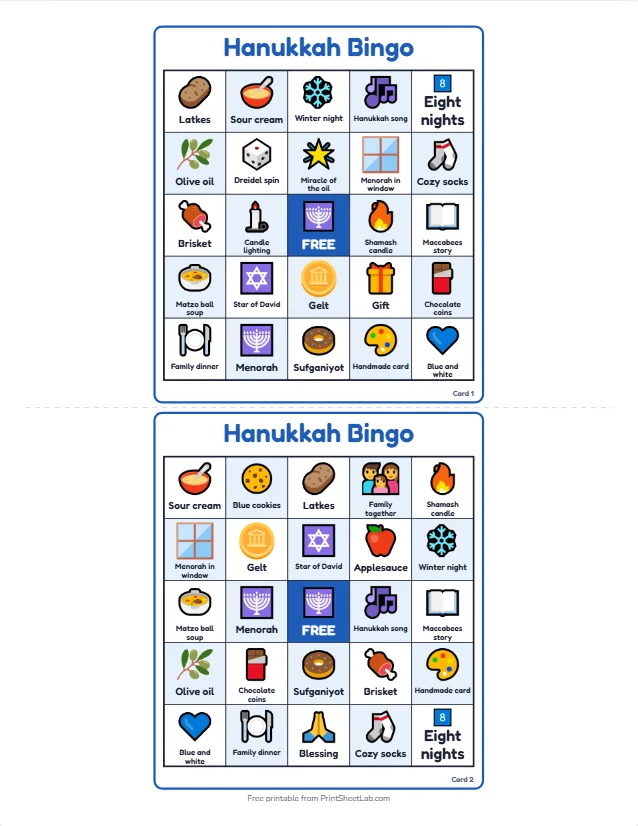 Two different Hanukkah bingo cards with menorah, dreidel, latkes, gelt and sufganiyot squares and a free center
