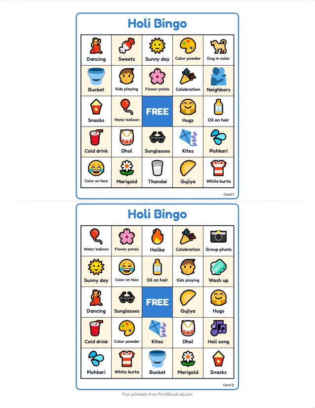 Two different Holi bingo cards with color powder, pichkari, gujiya, dhol and water balloon squares and a free center