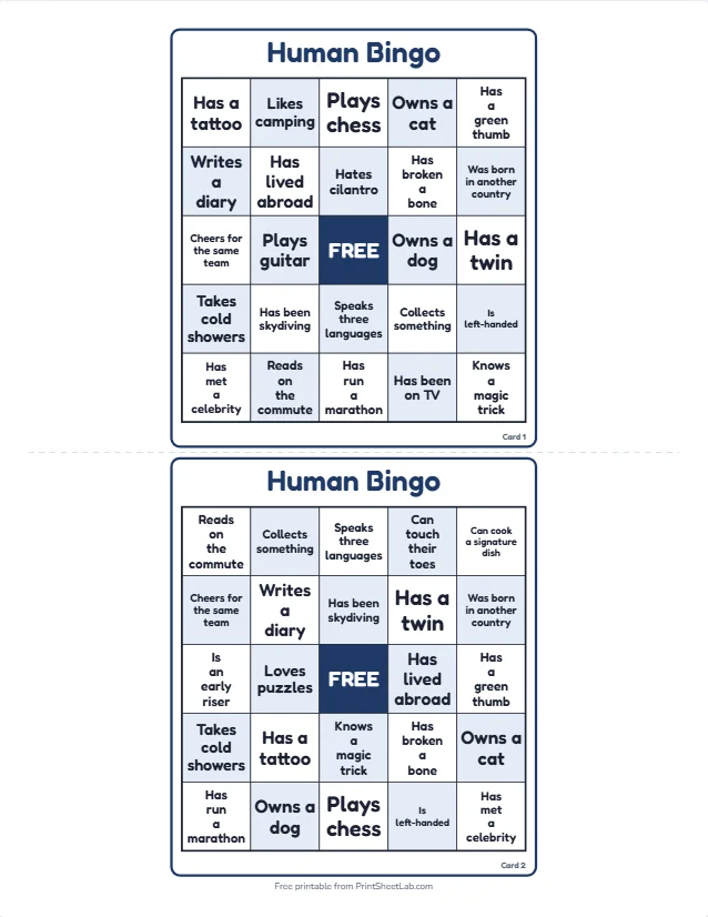 Human bingo cards: two different printable 5x5 find-someone-who cards with a free center and squares such as owns a dog and plays guitar