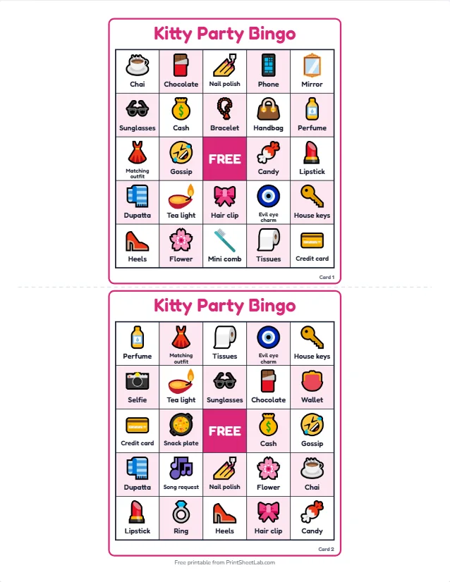 Two different kitty party bingo cards with lipstick, handbag, chai, house keys and evil eye charm squares and a free center