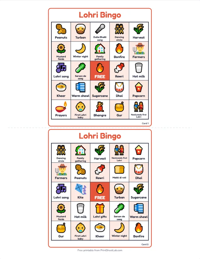 Two different Lohri bingo cards with bonfire, dhol, bhangra, gajak, peanuts and sarson da saag squares and a free center