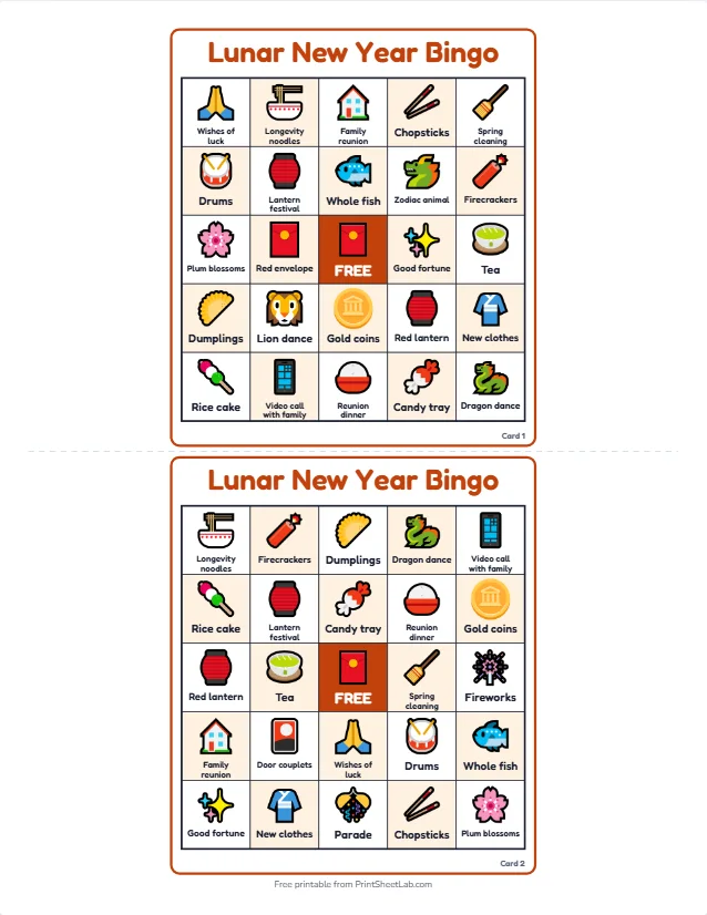 Two different Lunar New Year bingo cards with red envelope, dumpling, lantern, lion dance and firecracker squares and a free center