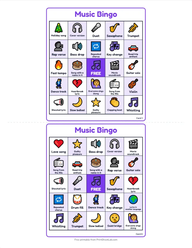 Two different music bingo cards with guitar, drum, piano, saxophone and love song squares and a free music note in the center