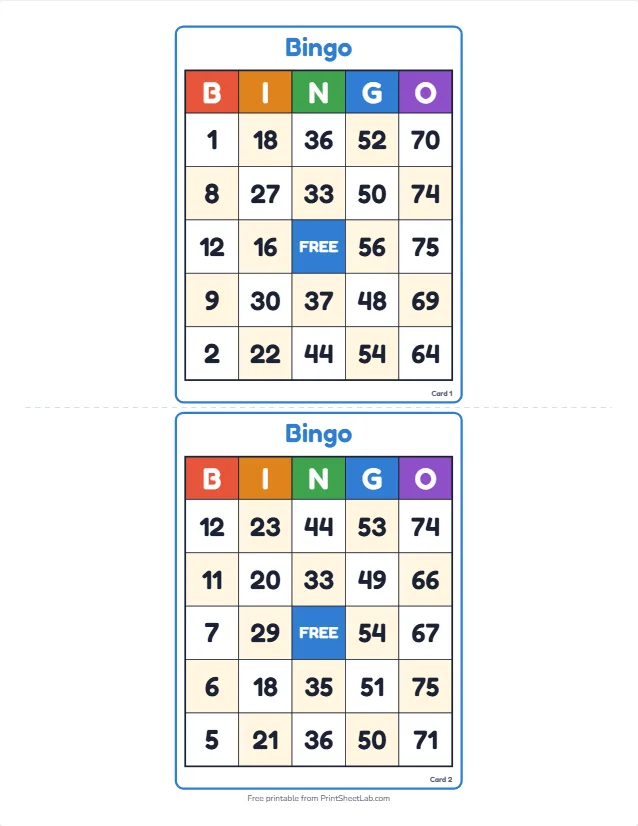 Two 75-ball bingo cards with B-I-N-G-O columns, the cards that a bingo number chart is used with