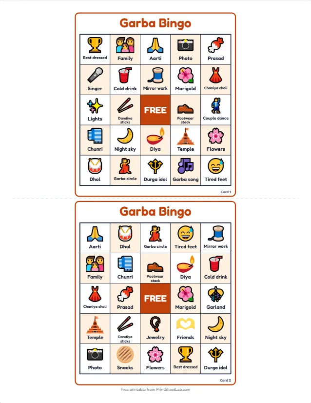 Two different Navratri bingo cards titled Garba Bingo, with dandiya sticks, diya, dhol, chaniya choli and aarti squares and a free center