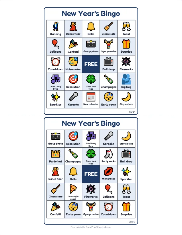 Two different New Years bingo cards with fireworks, champagne, countdown clock and confetti squares and a navy free center