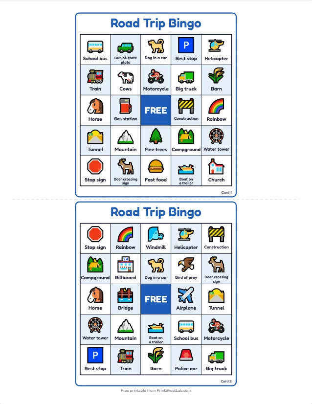 Road trip bingo printable cards: two different 5x5 cards with school bus, windmill, water tower and rainbow squares