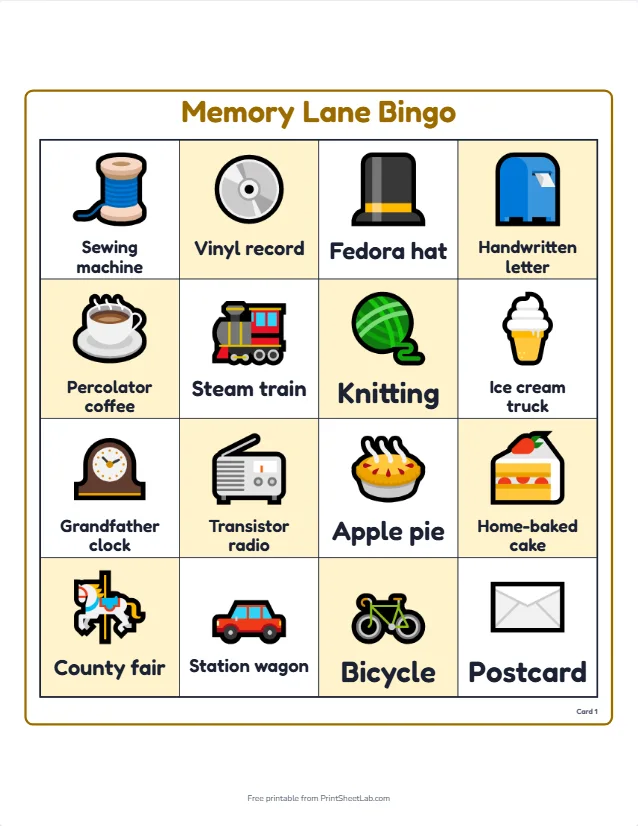 A large print Memory Lane bingo card for seniors with a 4x4 grid of pictures and words such as vinyl record, steam train and apple pie