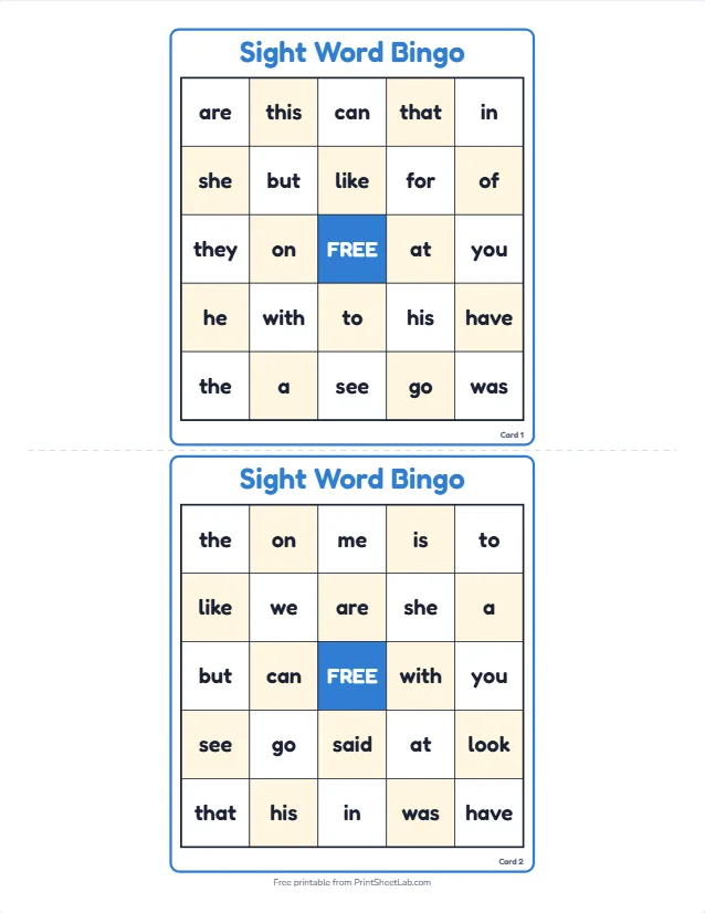 Sight words bingo cards: two different printable 5x5 cards with the words the, and, said, they and look