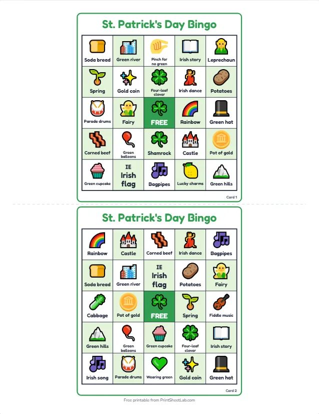 Two different St Patricks Day bingo cards with shamrock, leprechaun, rainbow, pot of gold and parade drum squares and a free shamrock center