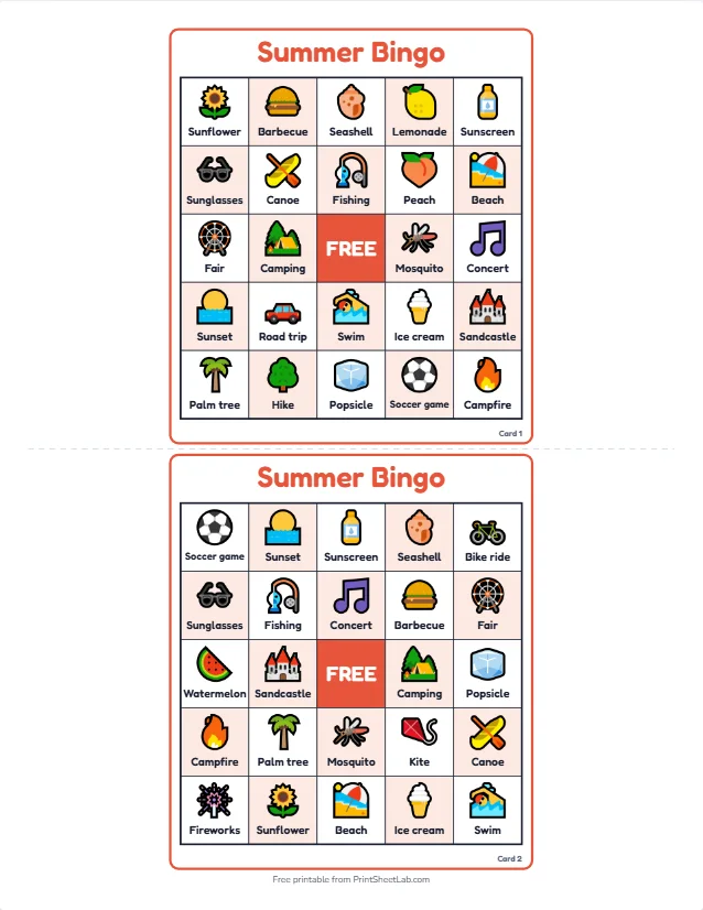 Two different summer bingo cards with beach, ice cream, watermelon and fireworks squares and a free center