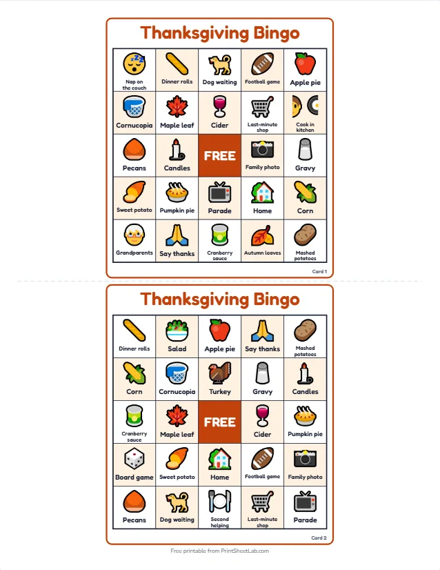 Two different Thanksgiving bingo cards with turkey, pumpkin pie, gravy and football squares and a free center