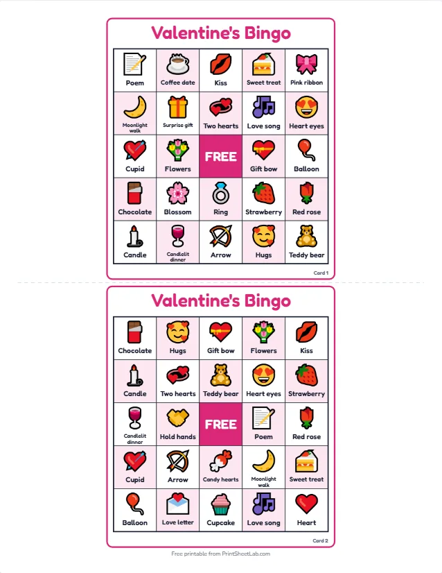 Two different Valentines Day bingo cards with heart, rose, chocolate, cupid and teddy bear squares and a pink free center