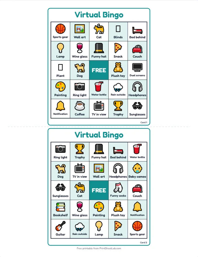 Two picture bingo cards for a video call with squares such as cat, lamp, funny hat and snack, one of the free virtual bingo cards