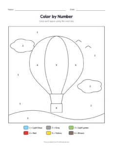Color by number: hot air balloon printable worksheet for preschool and kindergarten