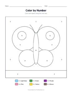Color by number: butterfly printable worksheet for preschool and kindergarten