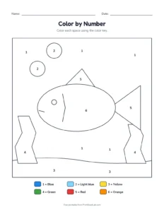Color by number: fish printable worksheet for preschool and kindergarten