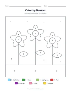 Color by number: flowers printable worksheet for preschool and kindergarten