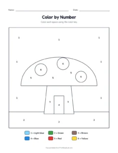 Color by number: mushroom house printable worksheet for preschool and kindergarten