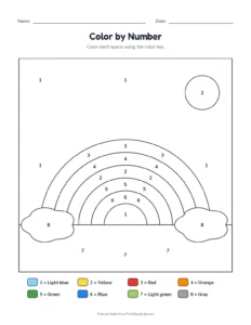 pre nursery activities worksheets: color by number rainbow