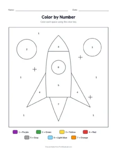 Color by number: rocket printable worksheet for preschool and kindergarten