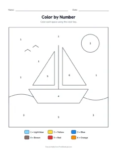 Color by number: sailboat printable worksheet for preschool and kindergarten