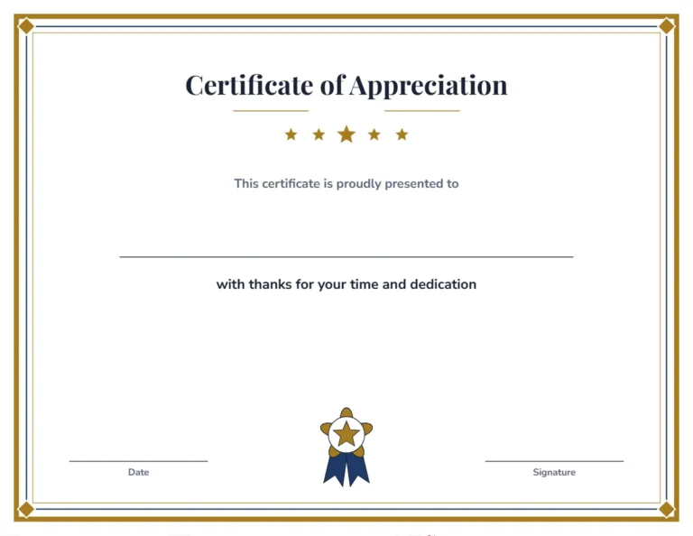 Certificate of appreciation printable for volunteers and teachers, formal gold border