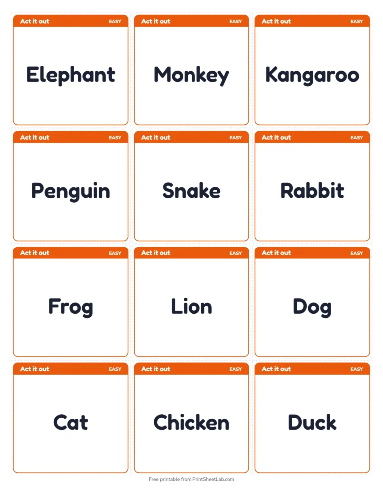 Charades for kids: printable cards for the easy level, 12 on a page