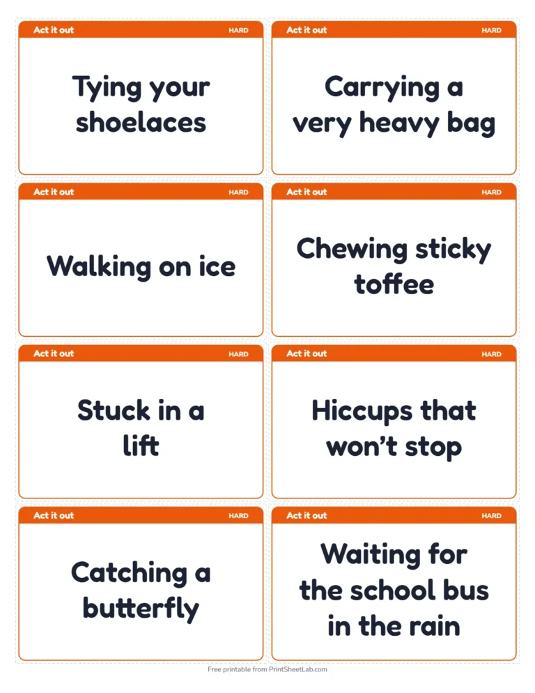 Charades for kids big cards for the hard level, 8 on a page