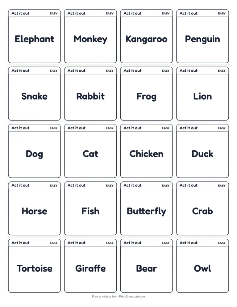 Charades for kids small cards in black and white, 20 on a page