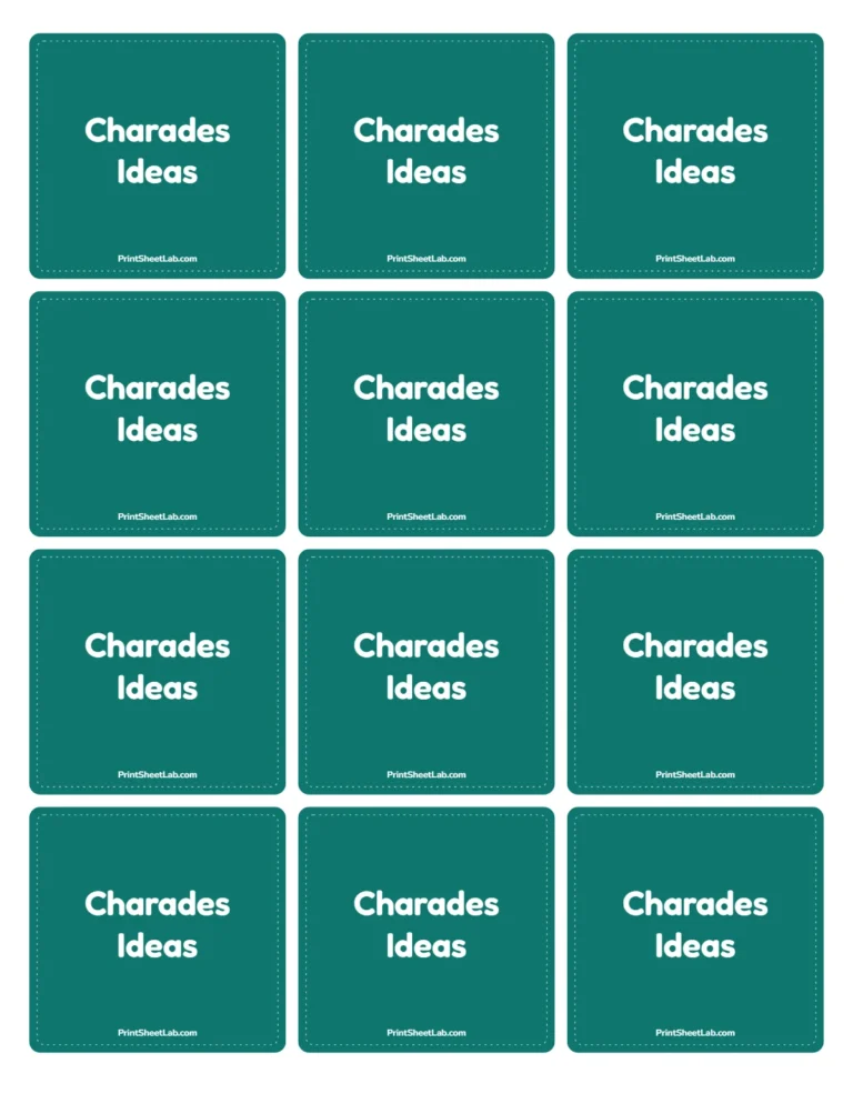 Charades ideas card backs to print on the reverse of the cards