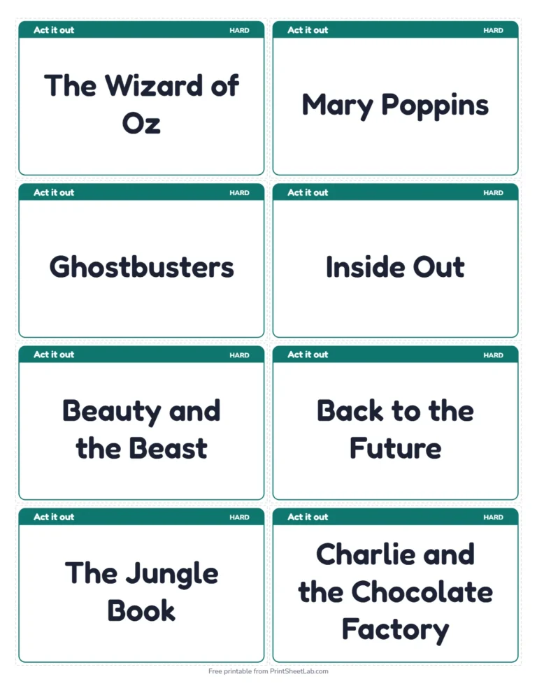 Charades ideas big cards for the hard level, 8 on a page