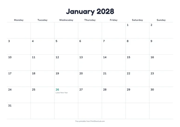 Chinese festivals 2028 printable calendar with 12 months