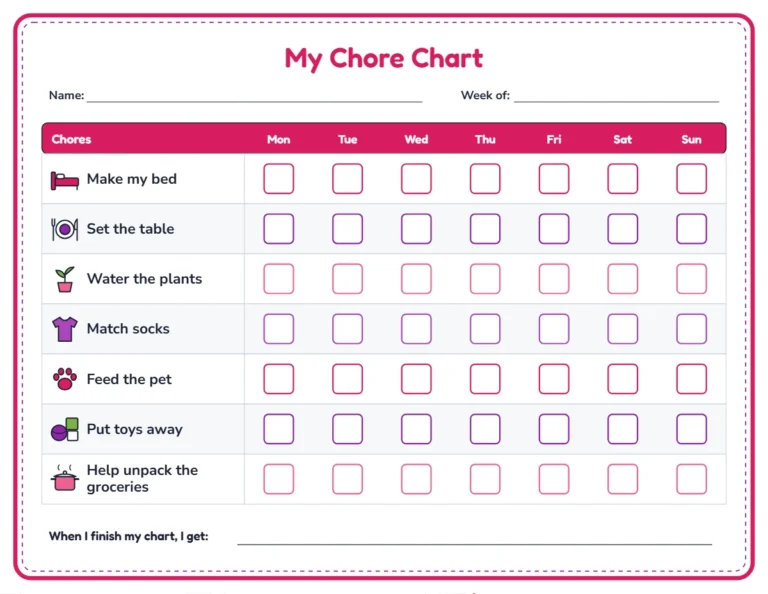 Chore chart for 4 and 5 year olds with pictures