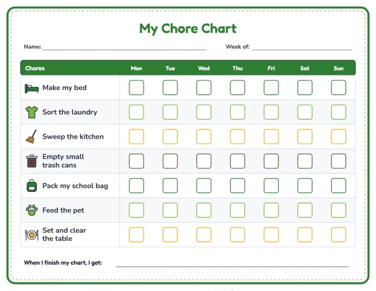 Chore chart for 6 to 8 year olds with pictures