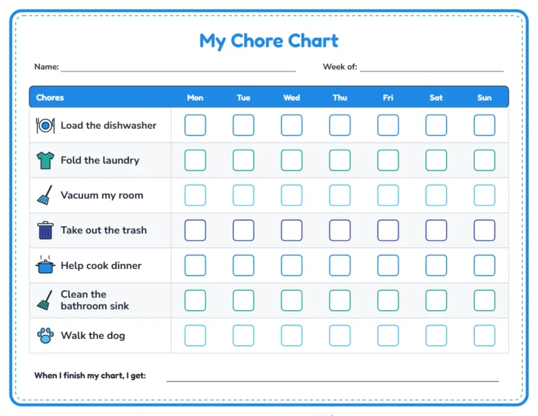 Chore chart for 9 to 12 year olds with pictures