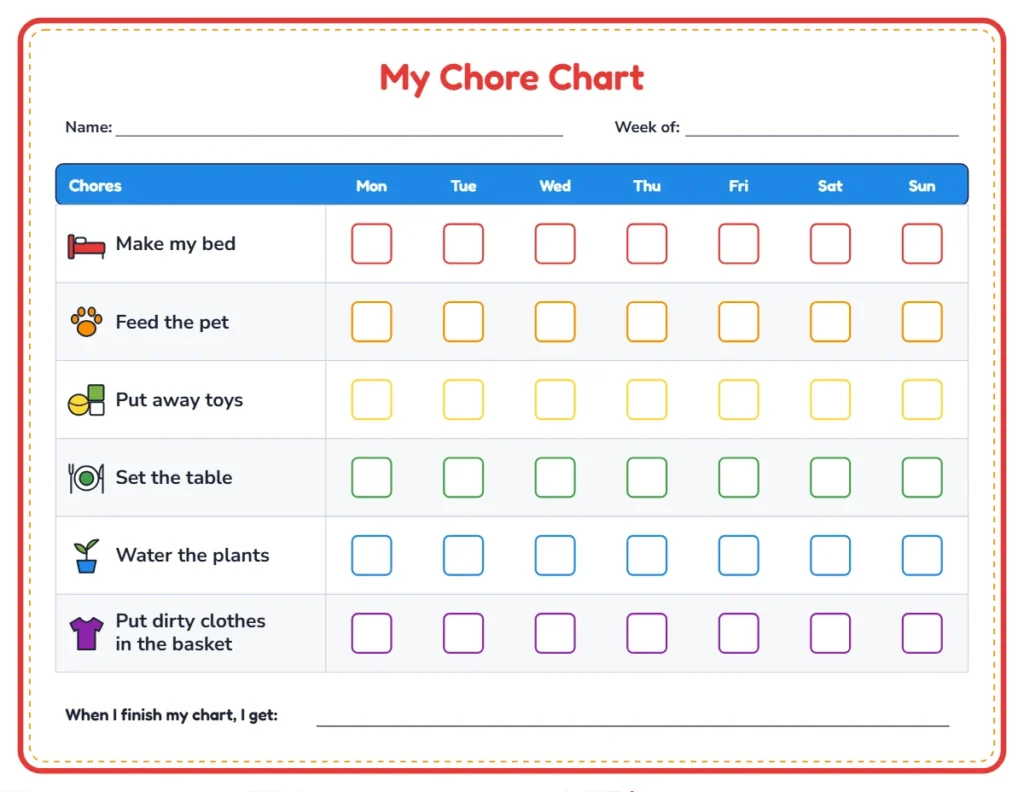 Free printable chore chart with pictures, six chores Monday to Sunday
