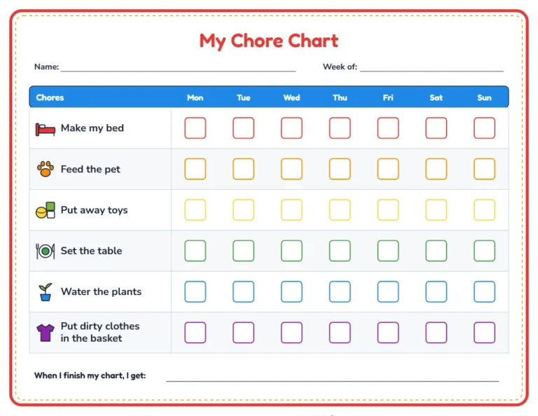 Chore chart with pictures, six picture chores Monday to Sunday