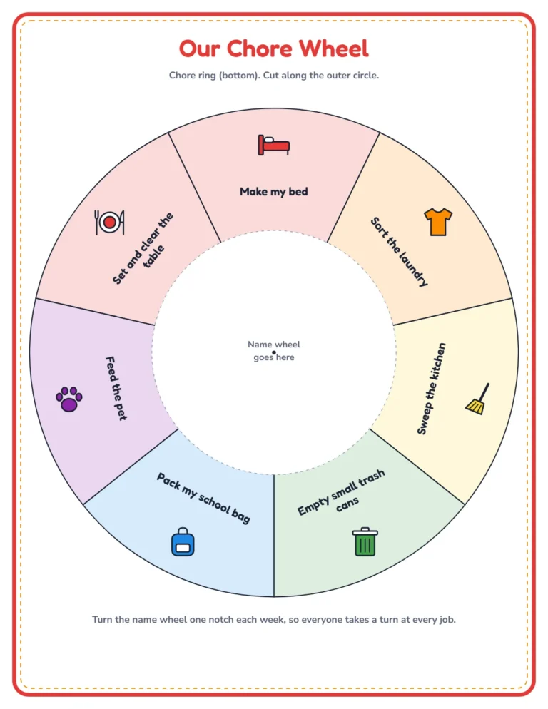 Printable chore wheel with a chore ring and name wheel