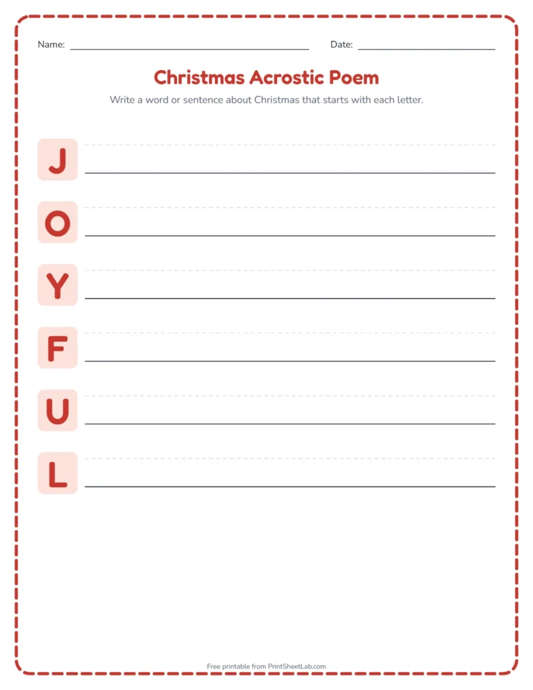 Christmas acrostic poem worksheet: write a word for each letter of JOYFUL