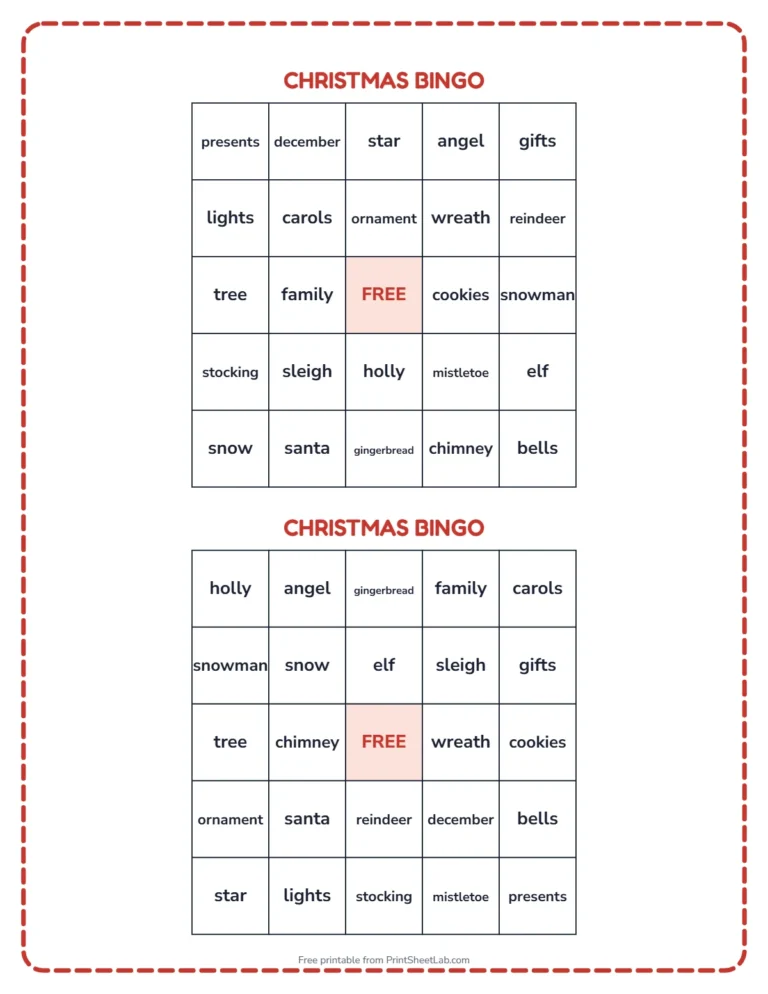 Christmas bingo printable: two different bingo cards with Christmas words