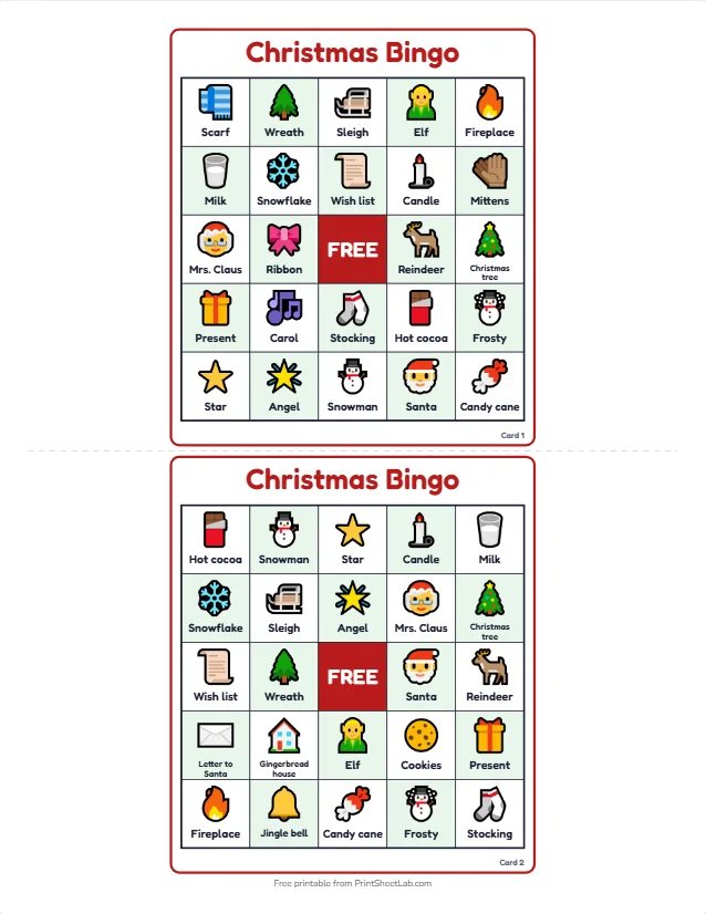 Two printable Christmas bingo cards with tree, Santa and snowman squares, a free center and different arrangements