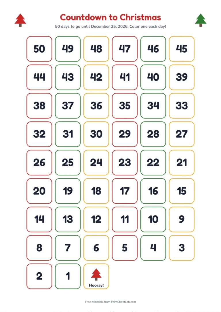 Christmas countdown calendar with 50 days until Christmas